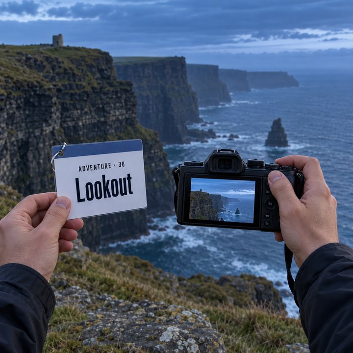 Hands holding a camera at the Cliffs of Moher after sunset; in the other hand the Lookout sheet