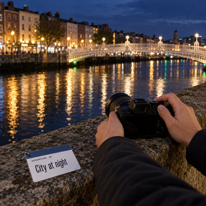Hands steadying a camera on a quay wall, with the Ha’penny Bridge lit up across the River Liffey, next to the City at night sheet