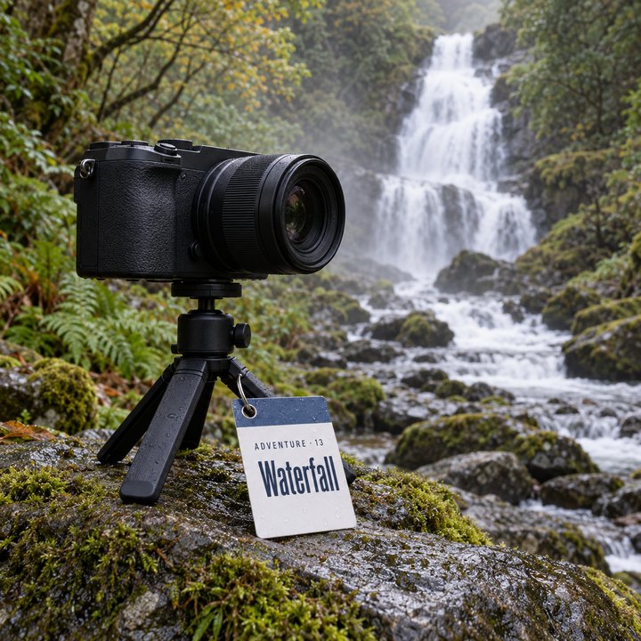 A camera on a mini tripod beside Torc Waterfall, with the Waterfall sheet leaning against the tripod leg