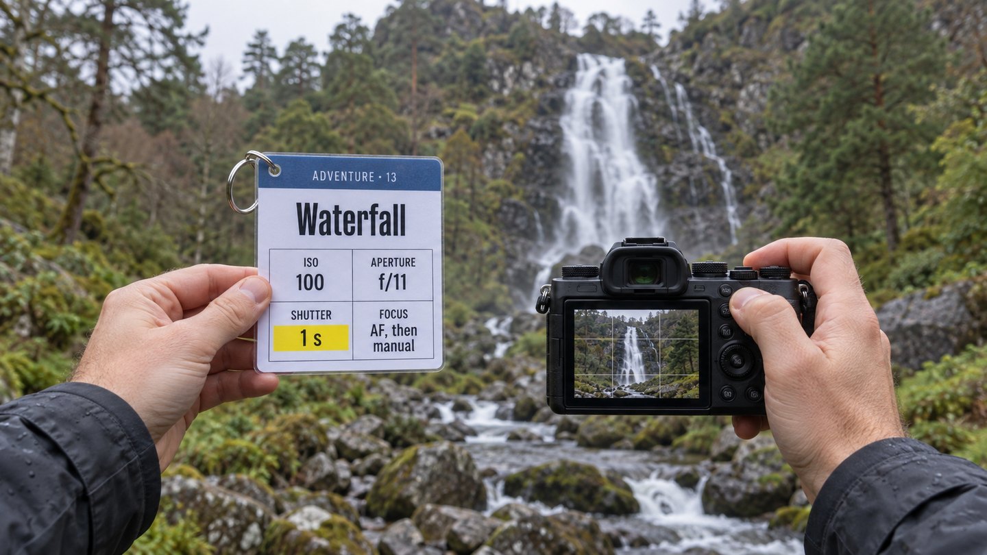 Hands holding a camera in front of Powerscourt Waterfall, with a Waterfall cheat sheet showing four numbers in the other hand