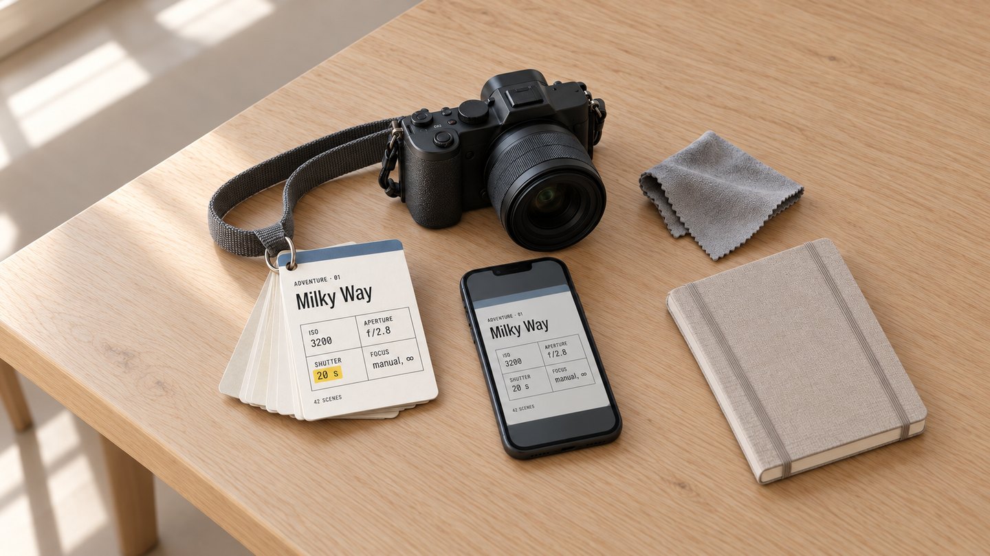 42 Adventure Sheets: laminated cards on a key ring next to a camera and a phone showing a sheet