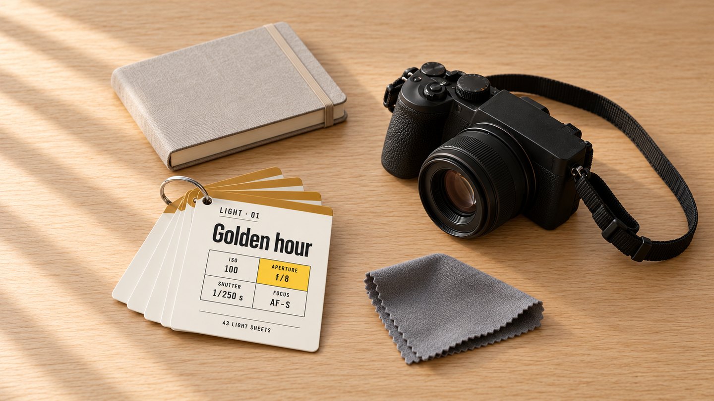 43 Light Sheets: a fan of sheets about light on the table next to a camera